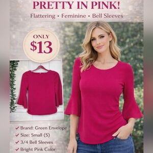 Green Envelope Pink Textured Women's 3/4 Bell Sleeves Back Zip Top Size Small